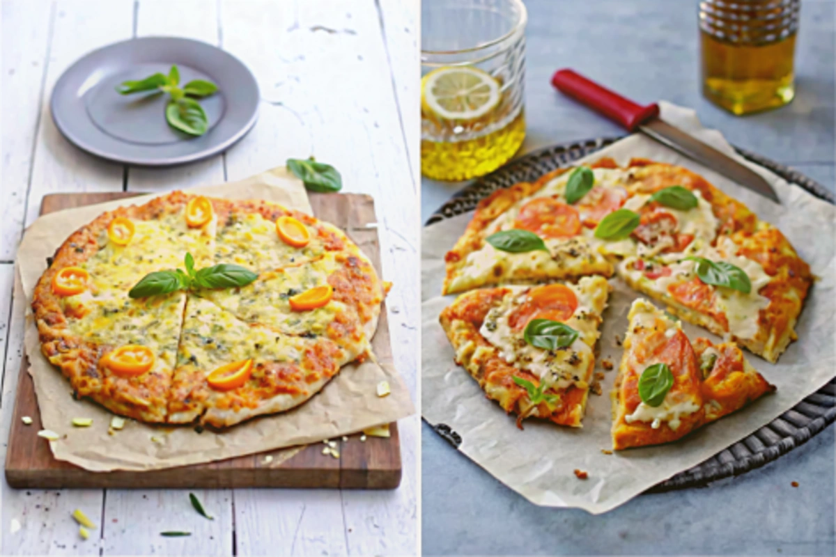 Part de pizza au saumon servi avec un jus de citron frais