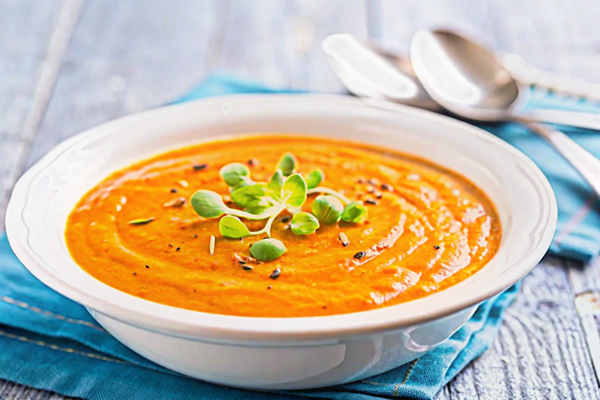Soupe de carottes au curry servi chaud avec un pain grillé