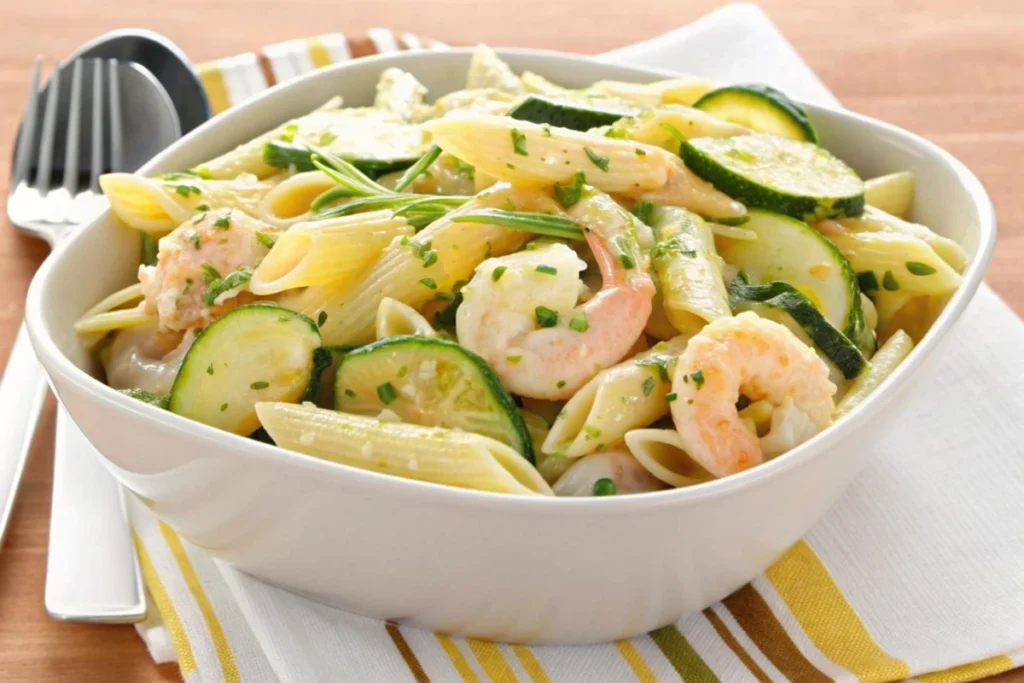 Pennes aux crevettes et courgettes