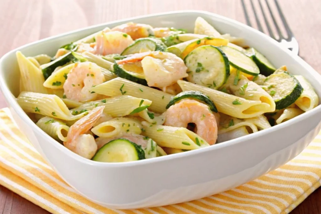 Pennes aux crevettes et courgettes