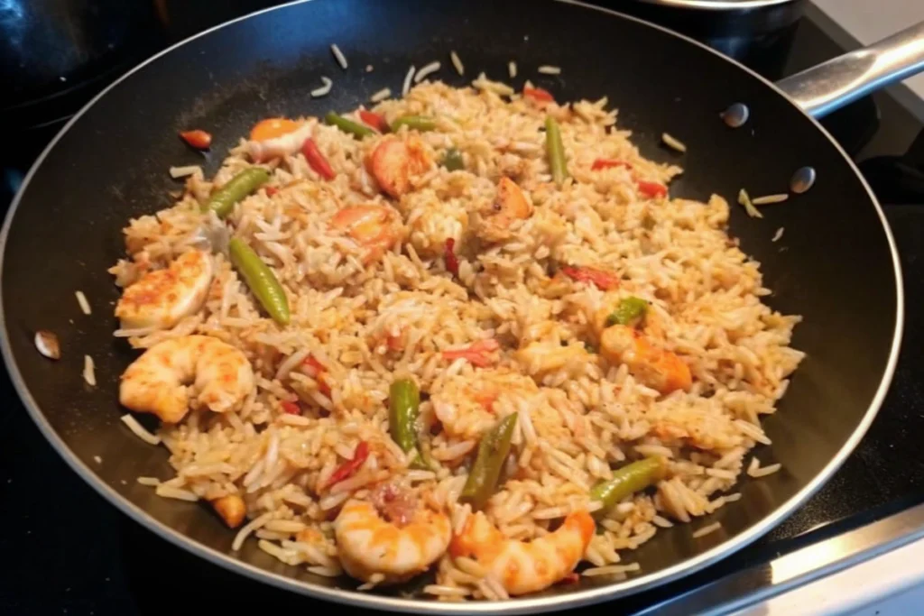 Wok riz poulet crevettes