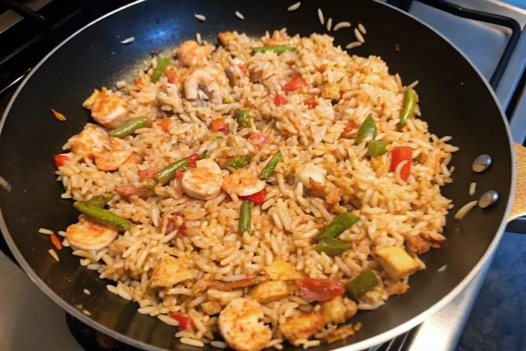 Wok riz poulet crevettes