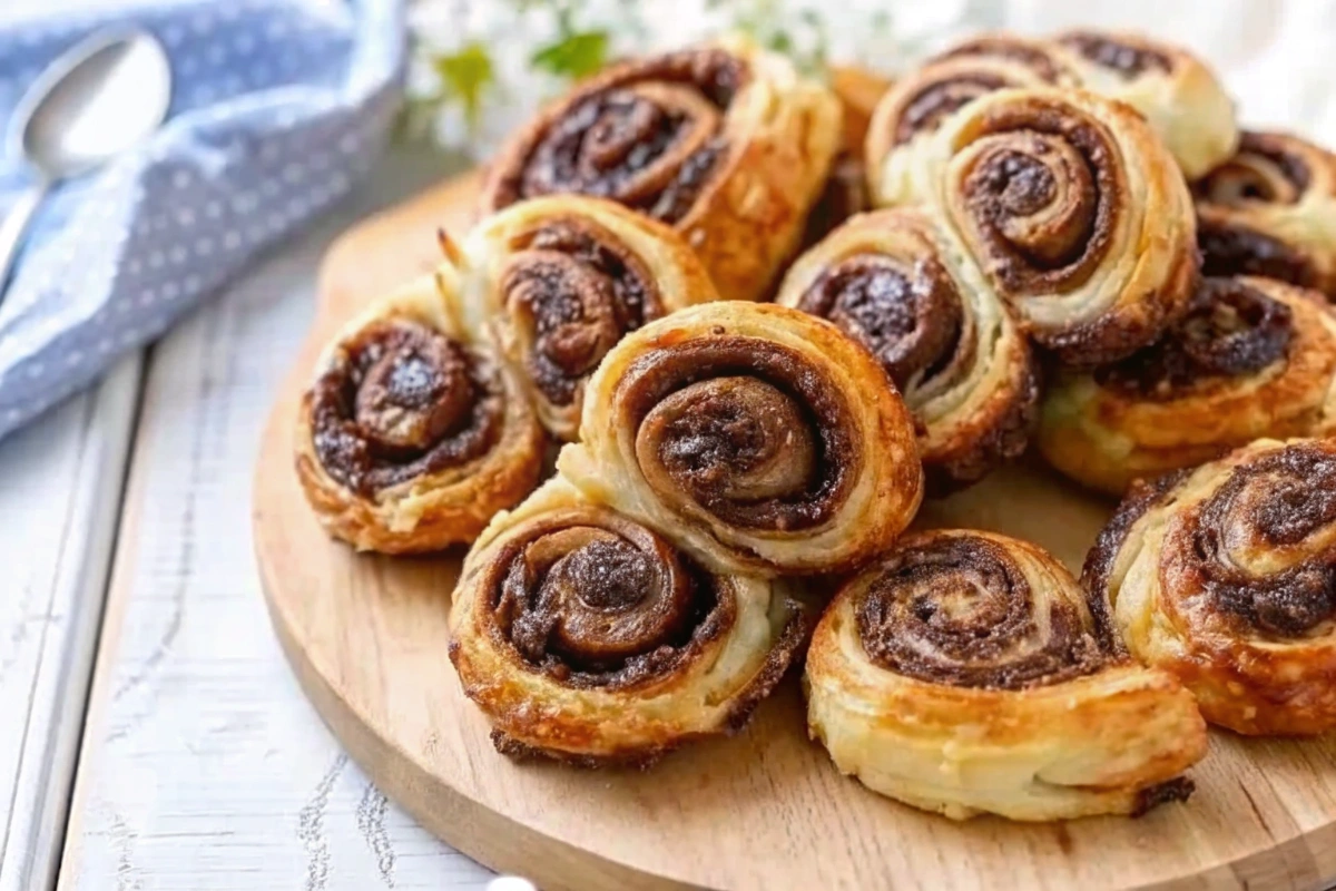Palmiers aux olives croustillants sur planche en bois