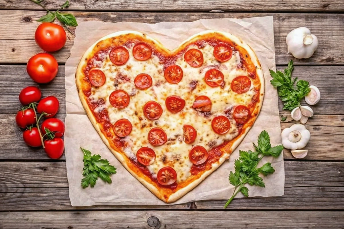 Pizza Saint Valentin  garnie de tomates fraîches avec une croûte croustillante