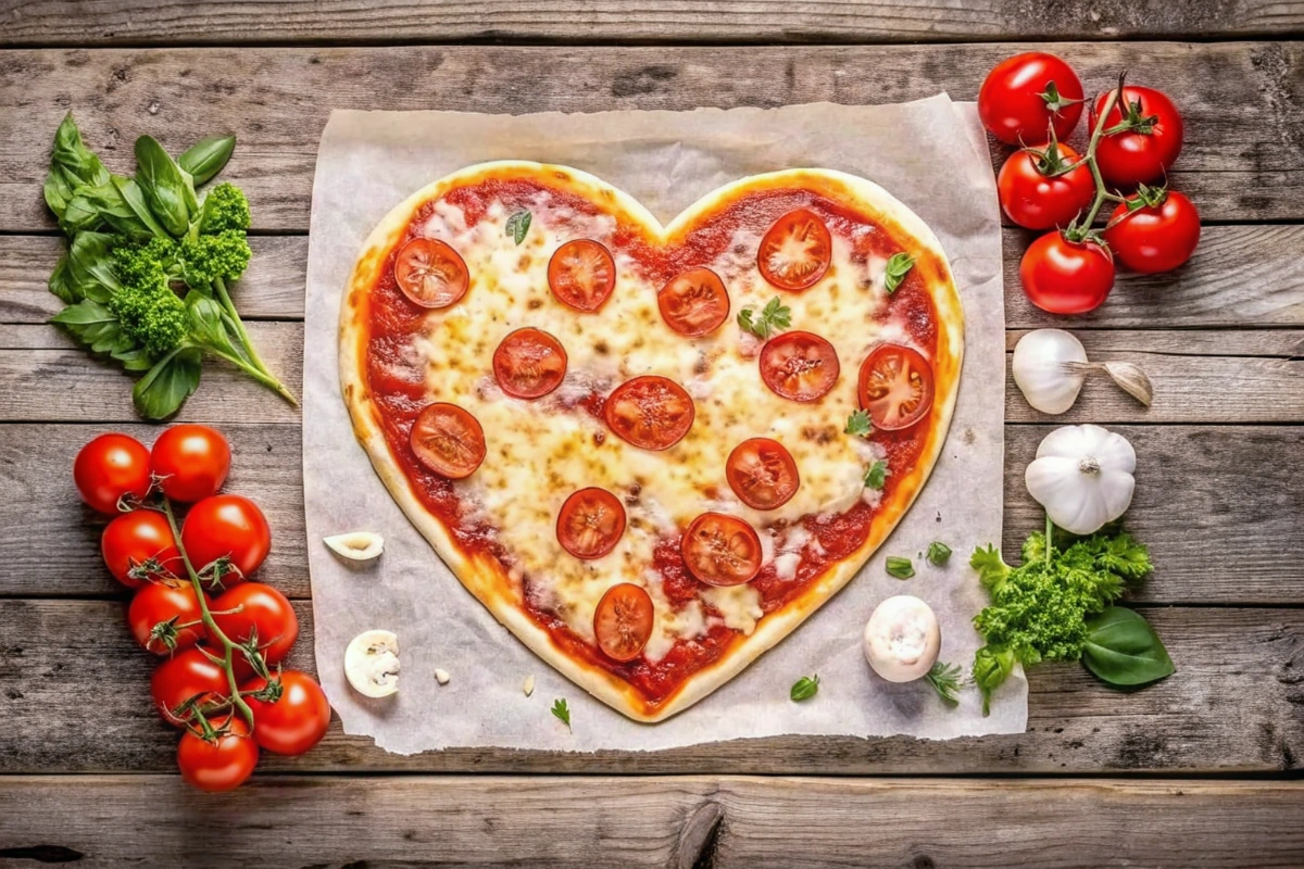 Pizza coeur avec une croûte dorée et des tomates cerises éclatées