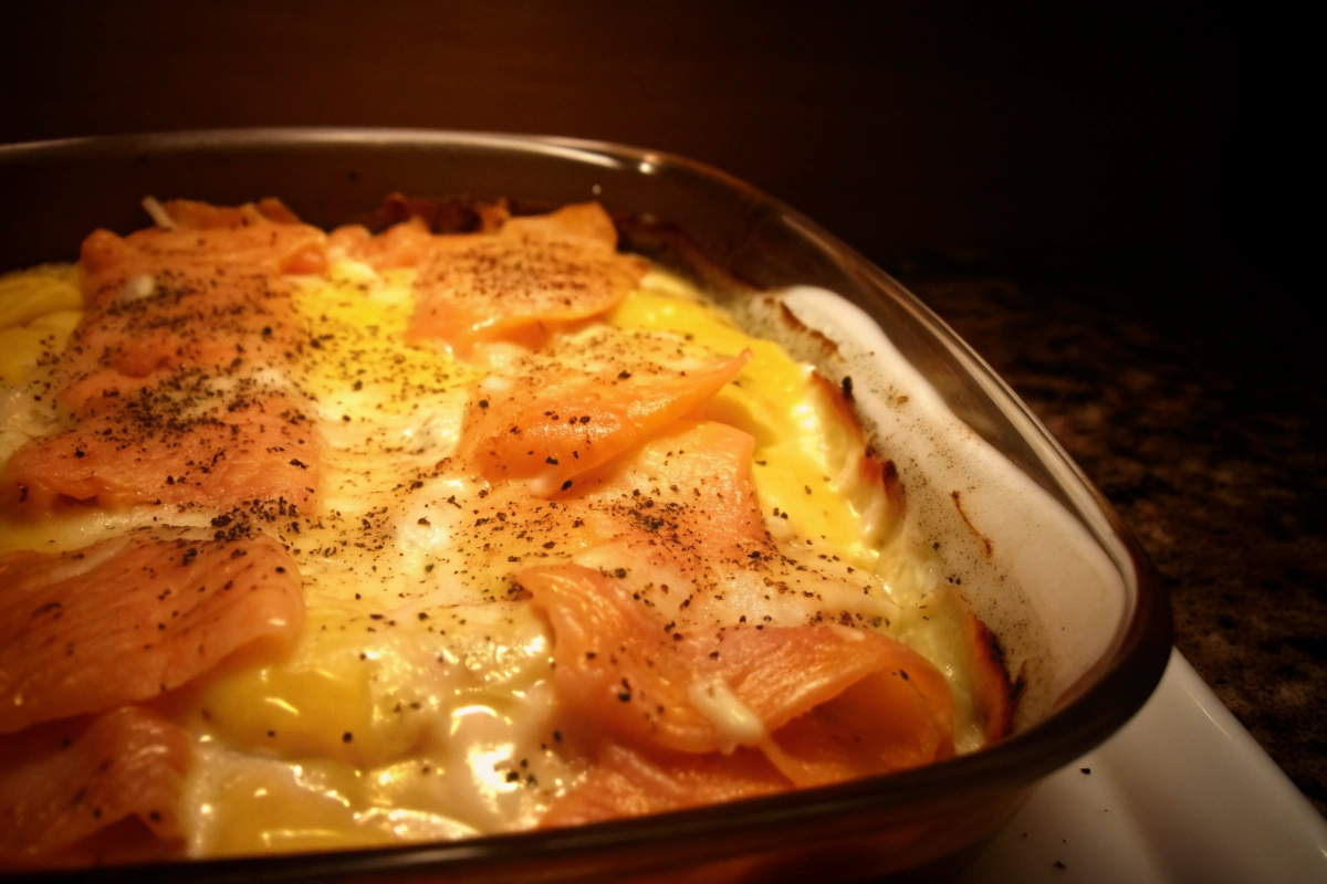 Close-up de pommes au four au saumon avec aneth et crème