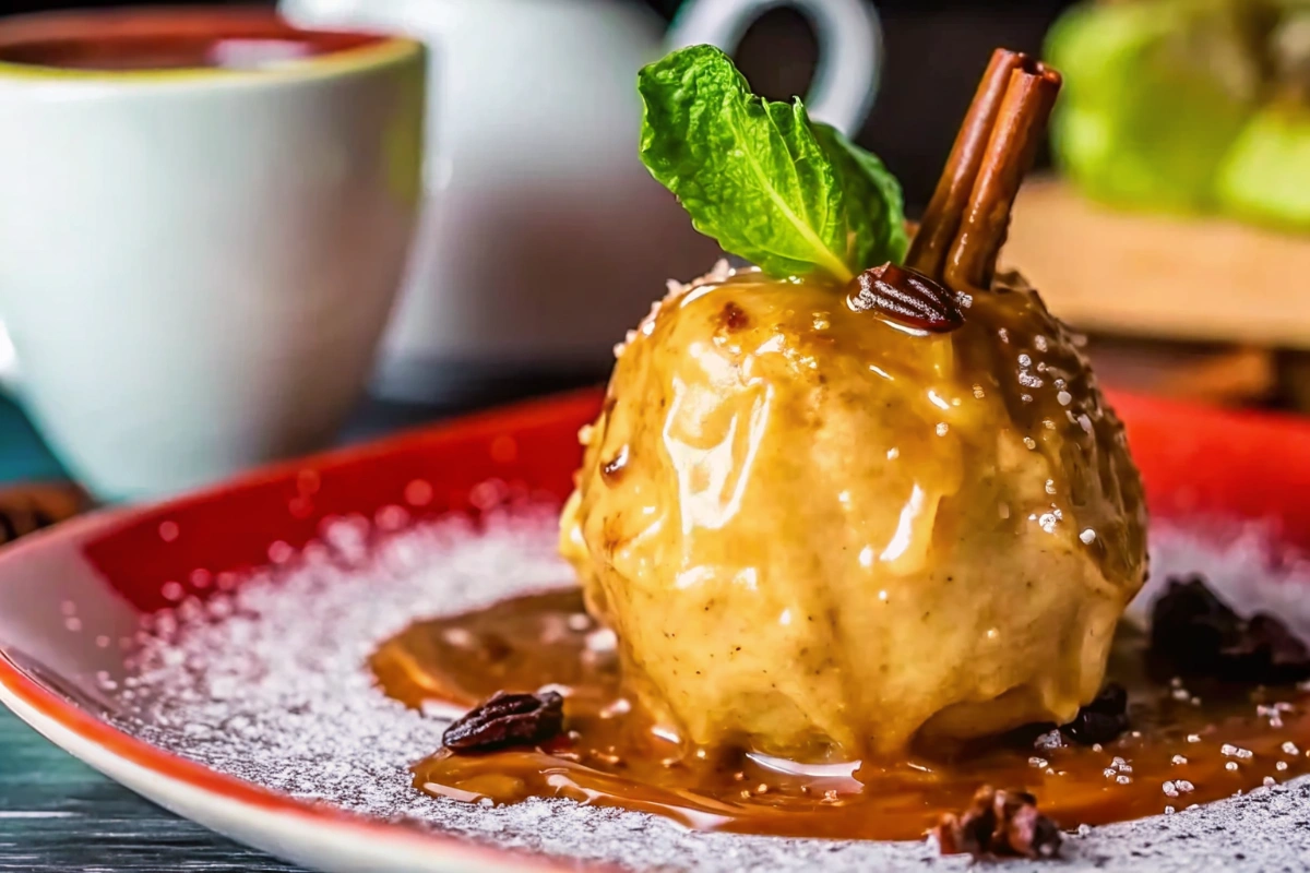 Préparation des pommes évidées avec cuillère, sirop d'agave versé délicatement