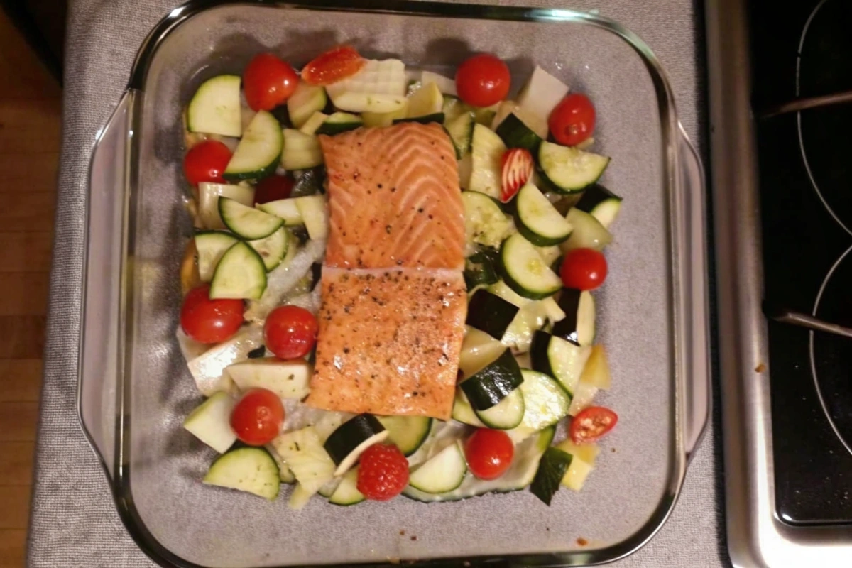 Saumon au four avec tomates et courgettes