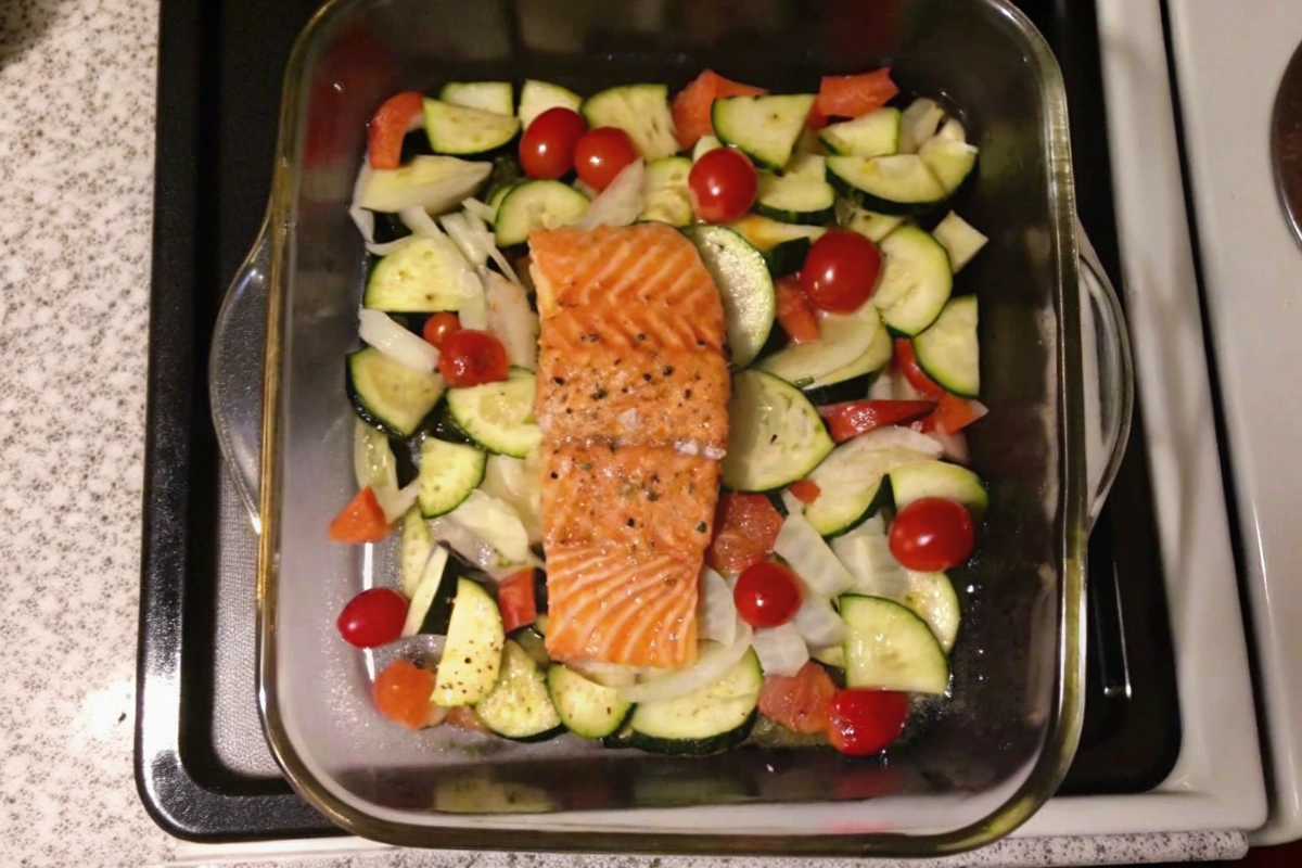 Saumon au four avec tomates et courgettes