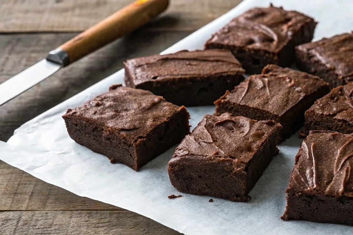 Brownie facile Brownie facile déposé sur une nappe à carreaux avec des noix et une spatule