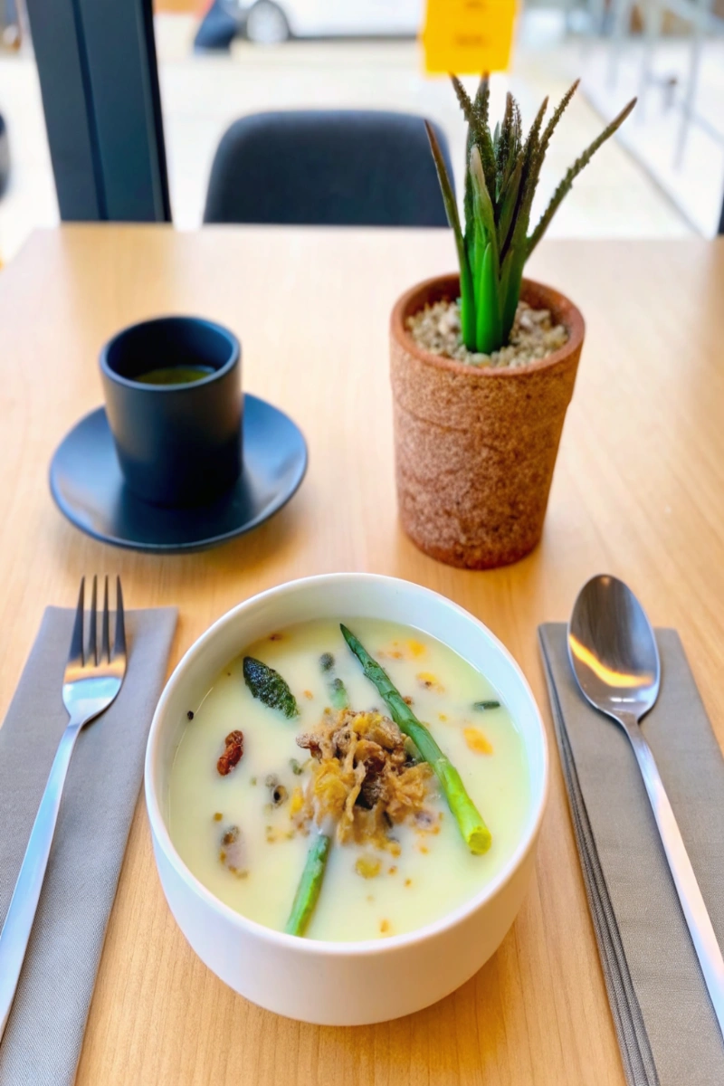 Gaspacho d’asperges blanches et vinaigrette au miso : recette facile, saine & gourmande à découvrir !