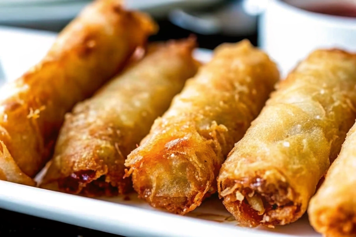 Nems dorés servis avec sauce et salade
