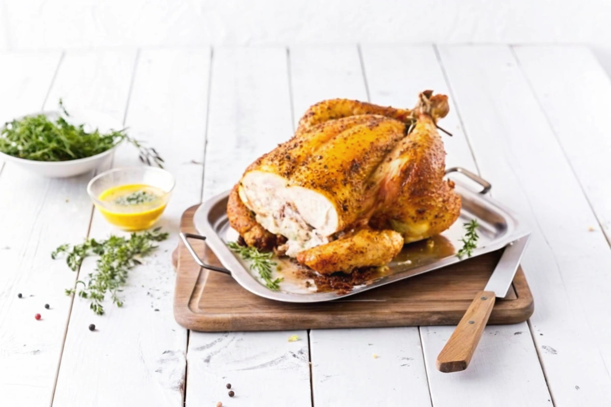Poulet rôti à la broche à ma façon sur lit de pommes de terre rôties
