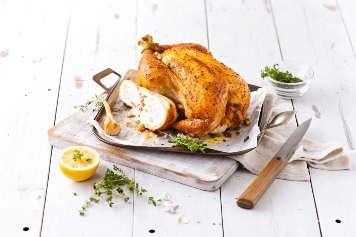 Poulet à la broche coupé montrant sa chair juteuse