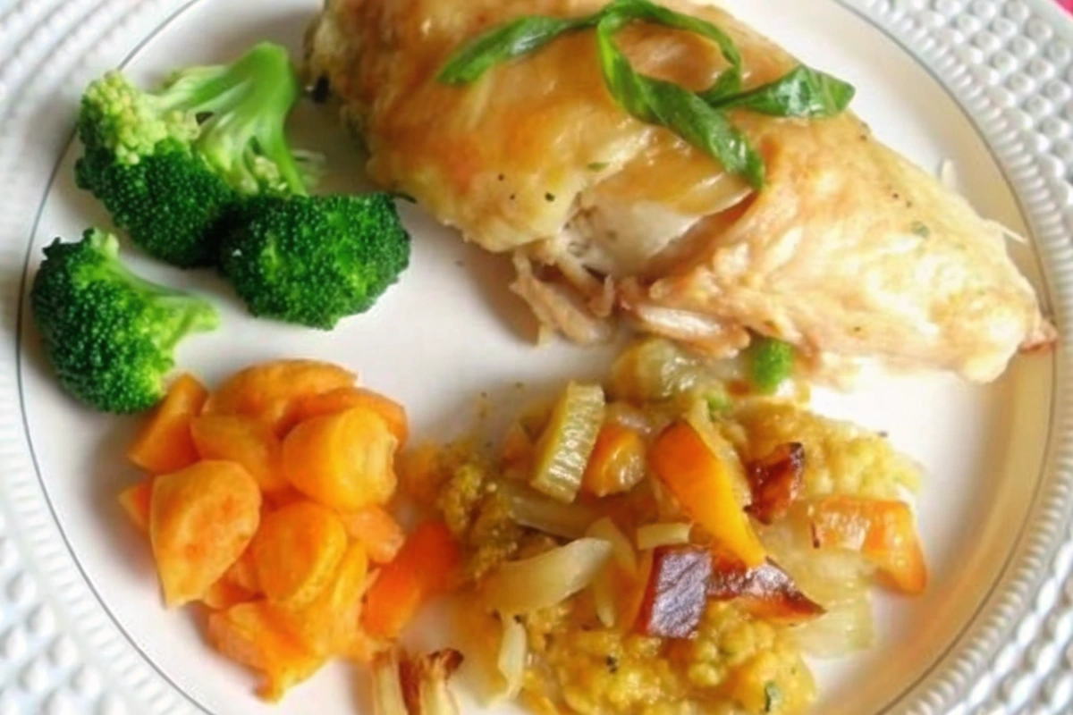 Poulet rôti aux herbes découpé avec légumes rôtis