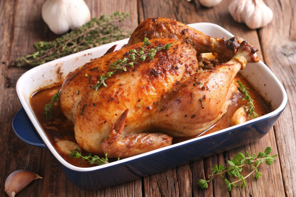 Poulet rôti croustillant et moelleux préparé avec des herbes de Provence