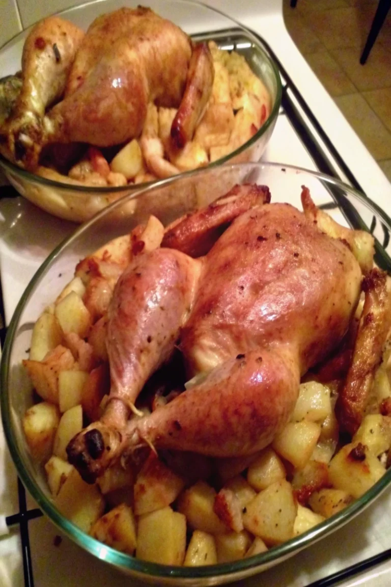 Poulet rôti et pommes de terre fondantes au four