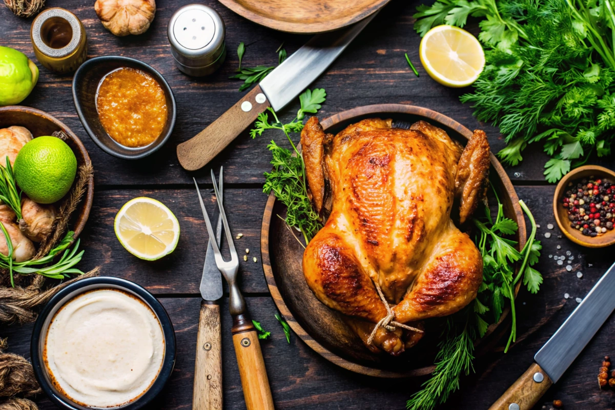 Poulet rôti et pommes de terre dorées